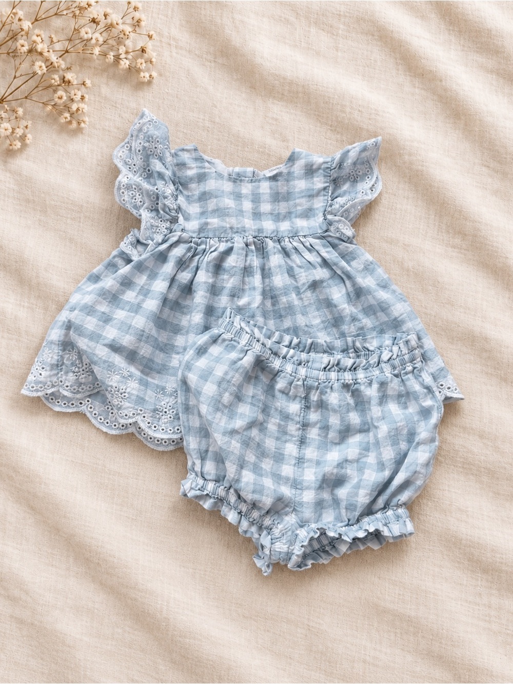 Nordstrom Baby Gingham Eyelet Dress & Bloomer Set Blue 3M 100% Cotton